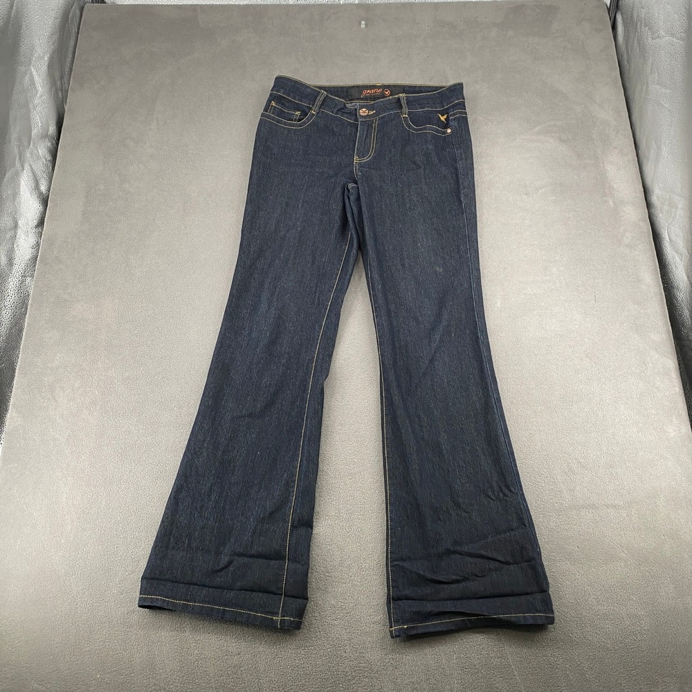 Grane Womens Flare Jeans Dark Wash Embroidered Back Pocket Size 11 Long Indigo